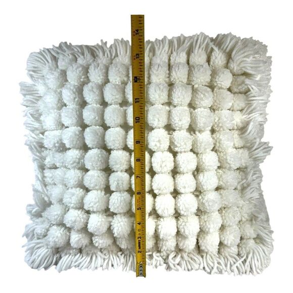 Vintage BOHO Handmade White Pom Pom Pillow Cushion Throw Fringe Cottage Core - Picture 5 of 6
